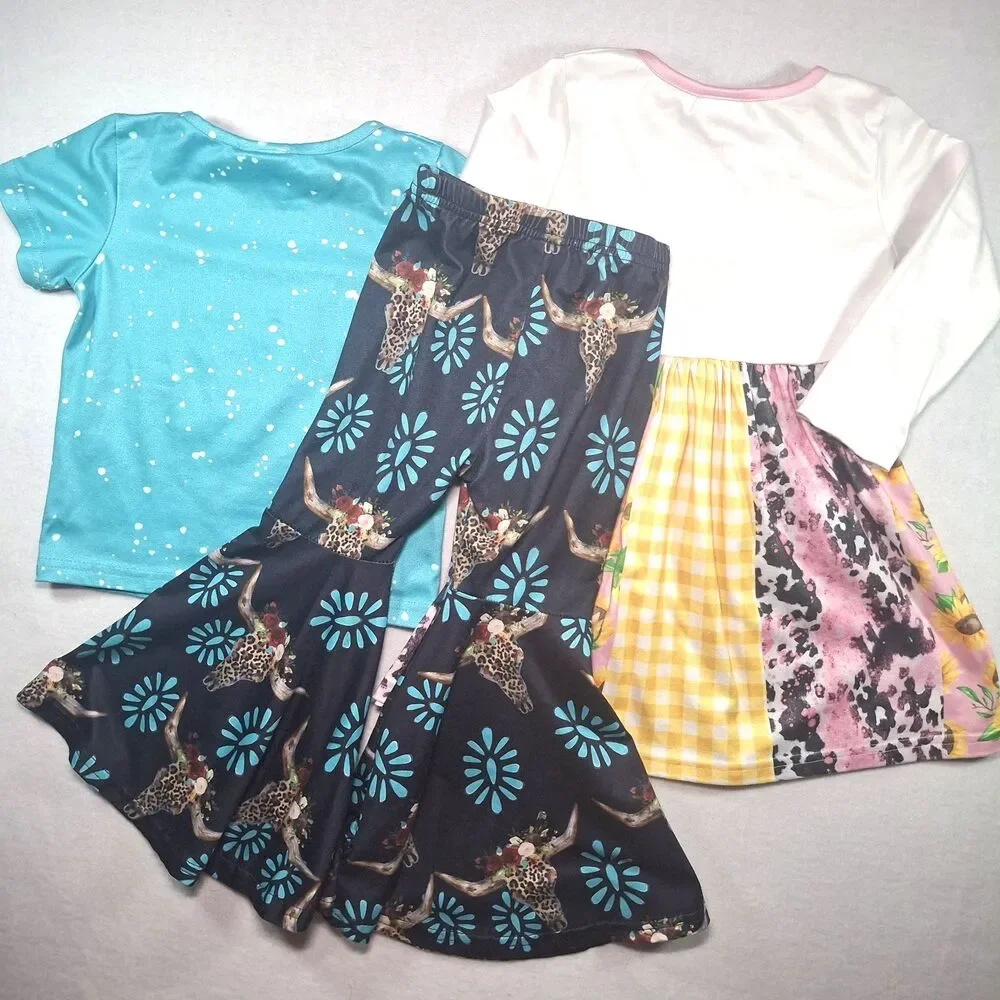 Toddler Girls Western Boutique Cow Bundle: Flare Pants Set & Patchwork Dress